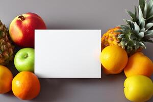 Card and White Paper Mockup Harmonized with Fresh Fruit, Crafting a Visual Symphony of Artful Design and Culinary Delight, Where Wholesome Ingredients Merge in a Feast of Vibrant Imagery photo