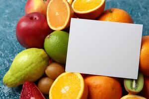 tarjeta y blanco papel Bosquejo armonizado con Fresco fruta, elaboración un visual sinfonía de ingenioso diseño y culinario deleitar, dónde saludable ingredientes unir en un banquete de vibrante imágenes foto