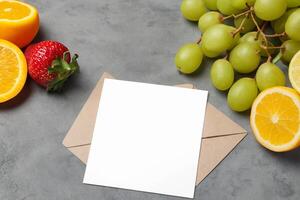 Card and White Paper Mockup Harmonized with Fresh Fruit, Crafting a Visual Symphony of Artful Design and Culinary Delight, Where Wholesome Ingredients Merge in a Feast of Vibrant Imagery photo