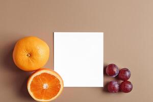 tarjeta y blanco papel Bosquejo armonizado con Fresco fruta, elaboración un visual sinfonía de ingenioso diseño y culinario deleitar, dónde saludable ingredientes unir en un banquete de vibrante imágenes foto