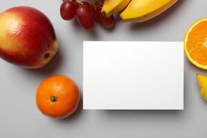 tarjeta y blanco papel Bosquejo armonizado con Fresco fruta, elaboración un visual sinfonía de ingenioso diseño y culinario deleitar, dónde saludable ingredientes unir en un banquete de vibrante imágenes foto