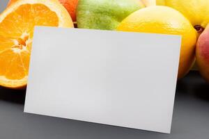 tarjeta y blanco papel Bosquejo armonizado con Fresco fruta, elaboración un visual sinfonía de ingenioso diseño y culinario deleitar, dónde saludable ingredientes unir en un banquete de vibrante imágenes foto