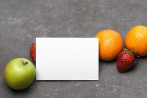 tarjeta y blanco papel Bosquejo armonizado con Fresco fruta, elaboración un visual sinfonía de ingenioso diseño y culinario deleitar, dónde saludable ingredientes unir en un banquete de vibrante imágenes foto