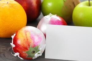 tarjeta y blanco papel Bosquejo armonizado con Fresco fruta, elaboración un visual sinfonía de ingenioso diseño y culinario deleitar, dónde saludable ingredientes unir en un banquete de vibrante imágenes foto