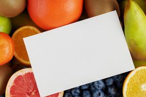 tarjeta y blanco papel Bosquejo armonizado con Fresco fruta, elaboración un visual sinfonía de ingenioso diseño y culinario deleitar, dónde saludable ingredientes unir en un banquete de vibrante imágenes foto