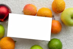 tarjeta y blanco papel Bosquejo armonizado con Fresco fruta, elaboración un visual sinfonía de ingenioso diseño y culinario deleitar, dónde saludable ingredientes unir en un banquete de vibrante imágenes foto