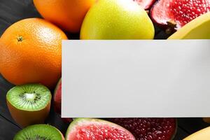 tarjeta y blanco papel Bosquejo armonizado con Fresco fruta, elaboración un visual sinfonía de ingenioso diseño y culinario deleitar, dónde saludable ingredientes unir en un banquete de vibrante imágenes foto