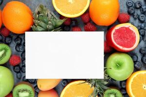 tarjeta y blanco papel Bosquejo armonizado con Fresco fruta, elaboración un visual sinfonía de ingenioso diseño y culinario deleitar, dónde saludable ingredientes unir en un banquete de vibrante imágenes foto