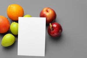 tarjeta y blanco papel Bosquejo armonizado con Fresco fruta, elaboración un visual sinfonía de ingenioso diseño y culinario deleitar, dónde saludable ingredientes unir en un banquete de vibrante imágenes foto