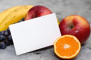 tarjeta y blanco papel Bosquejo armonizado con Fresco fruta, elaboración un visual sinfonía de ingenioso diseño y culinario deleitar, dónde saludable ingredientes unir en un banquete de vibrante imágenes foto