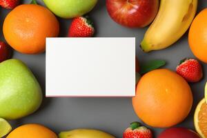 Card and White Paper Mockup Harmonized with Fresh Fruit, Crafting a Visual Symphony of Artful Design and Culinary Delight, Where Wholesome Ingredients Merge in a Feast of Vibrant Imagery photo