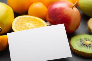 tarjeta y blanco papel Bosquejo armonizado con Fresco fruta, elaboración un visual sinfonía de ingenioso diseño y culinario deleitar, dónde saludable ingredientes unir en un banquete de vibrante imágenes foto