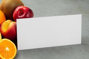 tarjeta y blanco papel Bosquejo armonizado con Fresco fruta, elaboración un visual sinfonía de ingenioso diseño y culinario deleitar, dónde saludable ingredientes unir en un banquete de vibrante imágenes foto