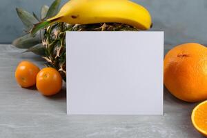 tarjeta y blanco papel Bosquejo armonizado con Fresco fruta, elaboración un visual sinfonía de ingenioso diseño y culinario deleitar, dónde saludable ingredientes unir en un banquete de vibrante imágenes foto