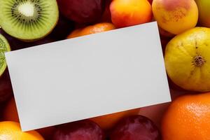 tarjeta y blanco papel Bosquejo armonizado con Fresco fruta, elaboración un visual sinfonía de ingenioso diseño y culinario deleitar, dónde saludable ingredientes unir en un banquete de vibrante imágenes foto