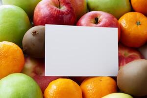 tarjeta y blanco papel Bosquejo armonizado con Fresco fruta, elaboración un visual sinfonía de ingenioso diseño y culinario deleitar, dónde saludable ingredientes unir en un banquete de vibrante imágenes foto