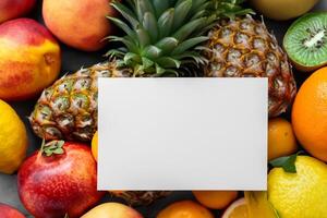 tarjeta y blanco papel Bosquejo armonizado con Fresco fruta, elaboración un visual sinfonía de ingenioso diseño y culinario deleitar, dónde saludable ingredientes unir en un banquete de vibrante imágenes foto