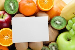 tarjeta y blanco papel Bosquejo armonizado con Fresco fruta, elaboración un visual sinfonía de ingenioso diseño y culinario deleitar, dónde saludable ingredientes unir en un banquete de vibrante imágenes foto