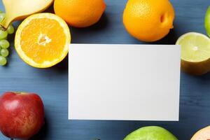 tarjeta y blanco papel Bosquejo armonizado con Fresco fruta, elaboración un visual sinfonía de ingenioso diseño y culinario deleitar, dónde saludable ingredientes unir en un banquete de vibrante imágenes foto