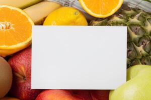 Card and White Paper Mockup Harmonized with Fresh Fruit, Crafting a Visual Symphony of Artful Design and Culinary Delight, Where Wholesome Ingredients Merge in a Feast of Vibrant Imagery photo