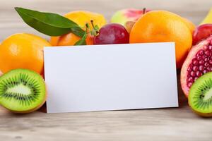 Card and White Paper Mockup Harmonized with Fresh Fruit, Crafting a Visual Symphony of Artful Design and Culinary Delight, Where Wholesome Ingredients Merge in a Feast of Vibrant Imagery photo