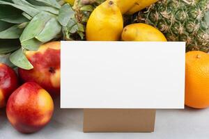 tarjeta y blanco papel Bosquejo armonizado con Fresco fruta, elaboración un visual sinfonía de ingenioso diseño y culinario deleitar, dónde saludable ingredientes unir en un banquete de vibrante imágenes foto