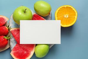 tarjeta y blanco papel Bosquejo armonizado con Fresco fruta, elaboración un visual sinfonía de ingenioso diseño y culinario deleitar, dónde saludable ingredientes unir en un banquete de vibrante imágenes foto