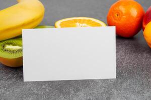 tarjeta y blanco papel Bosquejo armonizado con Fresco fruta, elaboración un visual sinfonía de ingenioso diseño y culinario deleitar, dónde saludable ingredientes unir en un banquete de vibrante imágenes foto