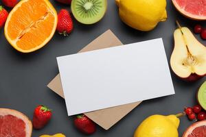 Card and White Paper Mockup Harmonized with Fresh Fruit, Crafting a Visual Symphony of Artful Design and Culinary Delight, Where Wholesome Ingredients Merge in a Feast of Vibrant Imagery photo