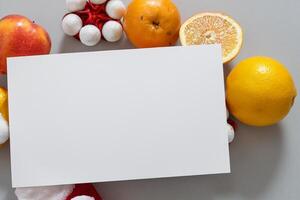 tarjeta y blanco papel Bosquejo armonizado con Fresco fruta, elaboración un visual sinfonía de ingenioso diseño y culinario deleitar, dónde saludable ingredientes unir en un banquete de vibrante imágenes foto