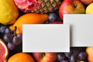 tarjeta y blanco papel Bosquejo armonizado con Fresco fruta, elaboración un visual sinfonía de ingenioso diseño y culinario deleitar, dónde saludable ingredientes unir en un banquete de vibrante imágenes foto