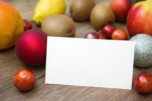 tarjeta y blanco papel Bosquejo armonizado con Fresco fruta, elaboración un visual sinfonía de ingenioso diseño y culinario deleitar, dónde saludable ingredientes unir en un banquete de vibrante imágenes foto