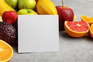 Card and White Paper Mockup Harmonized with Fresh Fruit, Crafting a Visual Symphony of Artful Design and Culinary Delight, Where Wholesome Ingredients Merge in a Feast of Vibrant Imagery photo