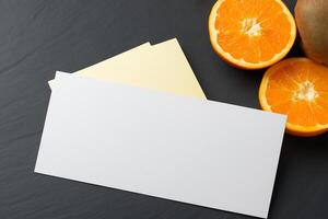 tarjeta y blanco papel Bosquejo armonizado con Fresco fruta, elaboración un visual sinfonía de ingenioso diseño y culinario deleitar, dónde saludable ingredientes unir en un banquete de vibrante imágenes foto