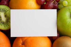 tarjeta y blanco papel Bosquejo armonizado con Fresco fruta, elaboración un visual sinfonía de ingenioso diseño y culinario deleitar, dónde saludable ingredientes unir en un banquete de vibrante imágenes foto