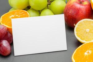 Card and White Paper Mockup Harmonized with Fresh Fruit, Crafting a Visual Symphony of Artful Design and Culinary Delight, Where Wholesome Ingredients Merge in a Feast of Vibrant Imagery photo