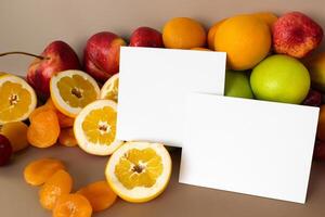 Card and White Paper Mockup Harmonized with Fresh Fruit, Crafting a Visual Symphony of Artful Design and Culinary Delight, Where Wholesome Ingredients Merge in a Feast of Vibrant Imagery photo