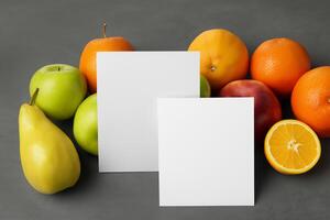 tarjeta y blanco papel Bosquejo armonizado con Fresco fruta, elaboración un visual sinfonía de ingenioso diseño y culinario deleitar, dónde saludable ingredientes unir en un banquete de vibrante imágenes foto