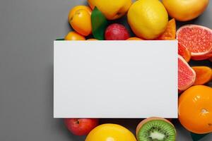 tarjeta y blanco papel Bosquejo armonizado con Fresco fruta, elaboración un visual sinfonía de ingenioso diseño y culinario deleitar, dónde saludable ingredientes unir en un banquete de vibrante imágenes foto