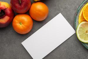 tarjeta y blanco papel Bosquejo armonizado con Fresco fruta, elaboración un visual sinfonía de ingenioso diseño y culinario deleitar, dónde saludable ingredientes unir en un banquete de vibrante imágenes foto