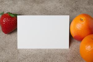 Card and White Paper Mockup Harmonized with Fresh Fruit, Crafting a Visual Symphony of Artful Design and Culinary Delight, Where Wholesome Ingredients Merge in a Feast of Vibrant Imagery photo