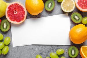 tarjeta y blanco papel Bosquejo armonizado con Fresco fruta, elaboración un visual sinfonía de ingenioso diseño y culinario deleitar, dónde saludable ingredientes unir en un banquete de vibrante imágenes foto