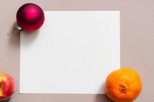 tarjeta y blanco papel Bosquejo armonizado con Fresco fruta, elaboración un visual sinfonía de ingenioso diseño y culinario deleitar, dónde saludable ingredientes unir en un banquete de vibrante imágenes foto