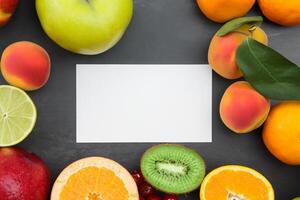 tarjeta y blanco papel Bosquejo armonizado con Fresco fruta, elaboración un visual sinfonía de ingenioso diseño y culinario deleitar, dónde saludable ingredientes unir en un banquete de vibrante imágenes foto