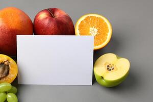 Card and White Paper Mockup Harmonized with Fresh Fruit, Crafting a Visual Symphony of Artful Design and Culinary Delight, Where Wholesome Ingredients Merge in a Feast of Vibrant Imagery photo