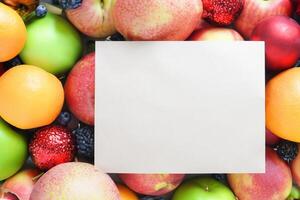 tarjeta y blanco papel Bosquejo armonizado con Fresco fruta, elaboración un visual sinfonía de ingenioso diseño y culinario deleitar, dónde saludable ingredientes unir en un banquete de vibrante imágenes foto