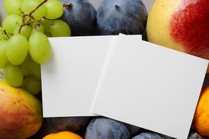 Card and White Paper Mockup Harmonized with Fresh Fruit, Crafting a Visual Symphony of Artful Design and Culinary Delight, Where Wholesome Ingredients Merge in a Feast of Vibrant Imagery photo