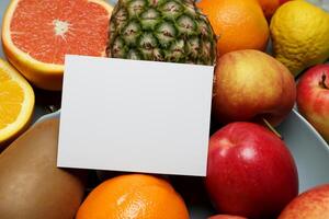 tarjeta y blanco papel Bosquejo armonizado con Fresco fruta, elaboración un visual sinfonía de ingenioso diseño y culinario deleitar, dónde saludable ingredientes unir en un banquete de vibrante imágenes foto