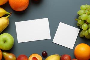 tarjeta y blanco papel Bosquejo armonizado con Fresco fruta, elaboración un visual sinfonía de ingenioso diseño y culinario deleitar, dónde saludable ingredientes unir en un banquete de vibrante imágenes foto