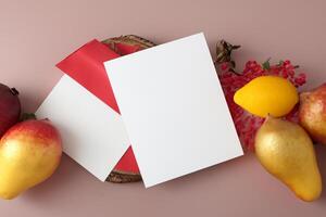 Card and White Paper Mockup Harmonized with Fresh Fruit, Crafting a Visual Symphony of Artful Design and Culinary Delight, Where Wholesome Ingredients Merge in a Feast of Vibrant Imagery photo